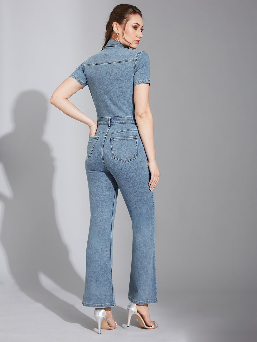 Women's Blue Flared High-Rise Regular Stretchable Denim Jumpsuit