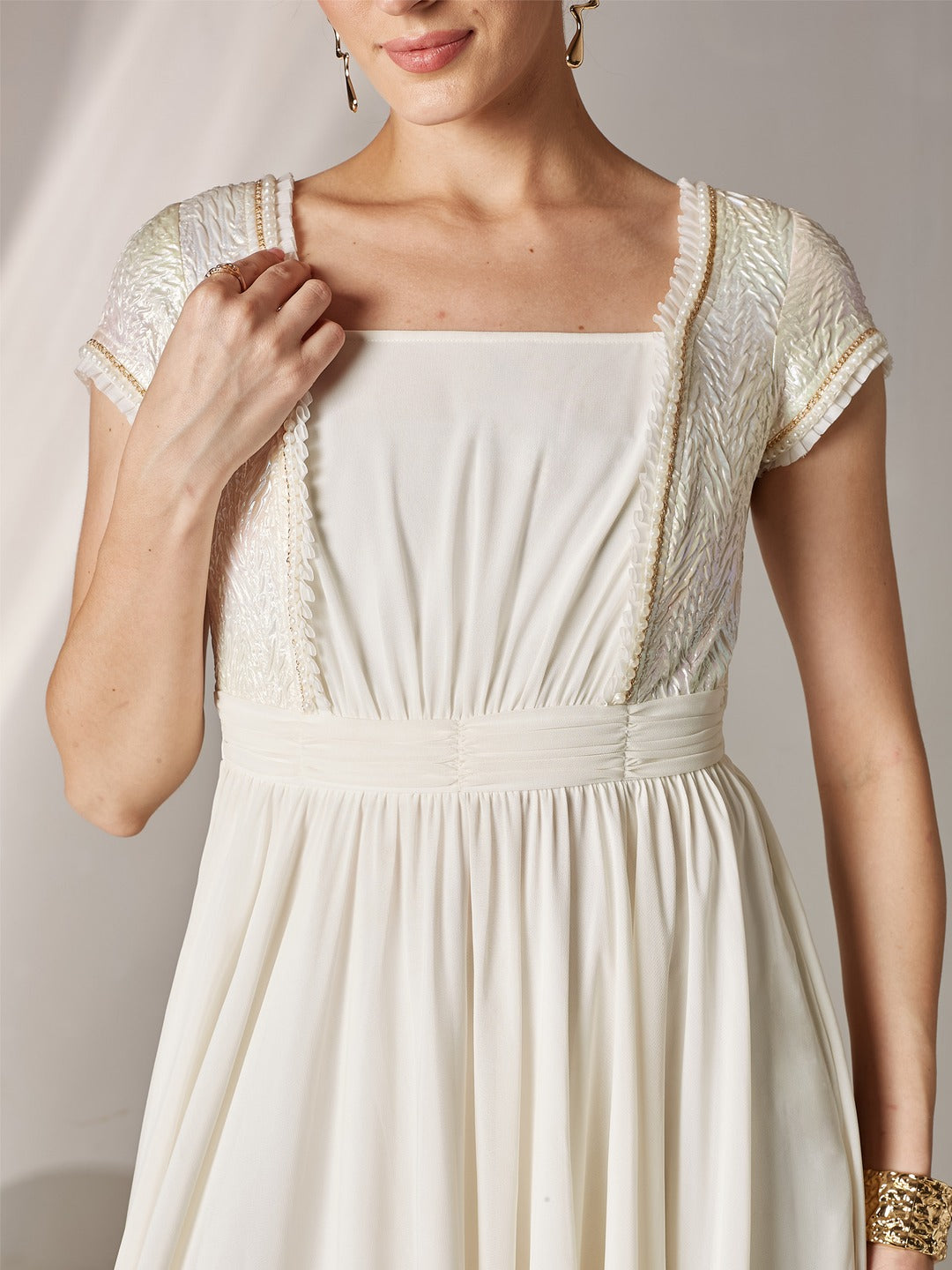 Off White Square Neck Frilled Self Designed Panelled Georgette Maxi Dress for Women