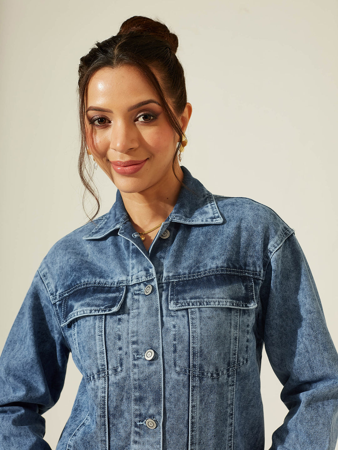 Light Blue Collared Full Sleeve Solid Classic with Textured Threadwork Sequin Embellishment Full-Back Artwork Denim Jacket for Women