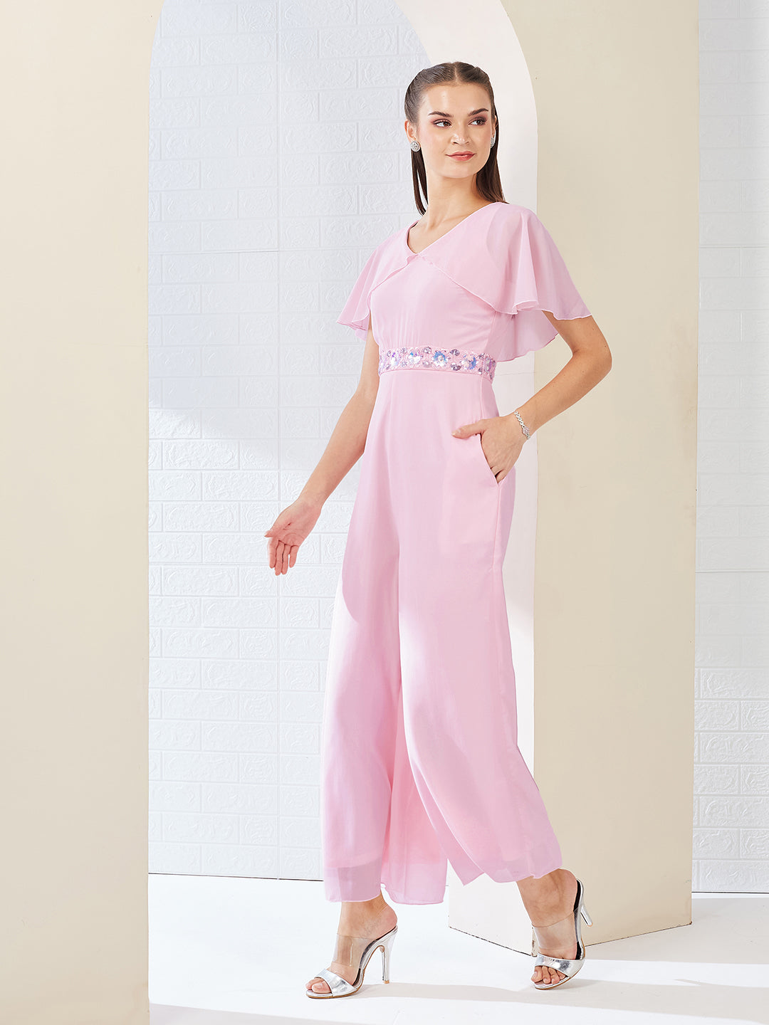 Light Pink Georgette V-Neck Cape Solid Layered Regular Jumpsuit for Women
