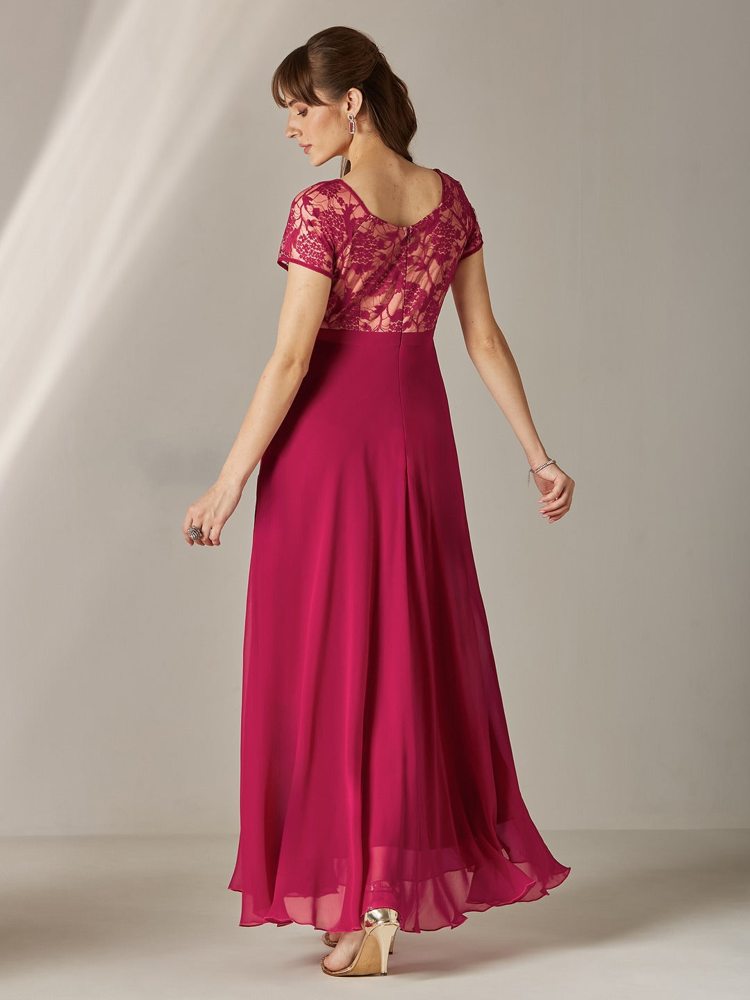 Dark Pink Square Neck Raglan Short Sleeve Self Design Lace Overlaid Georgette Maxi Dress for Women