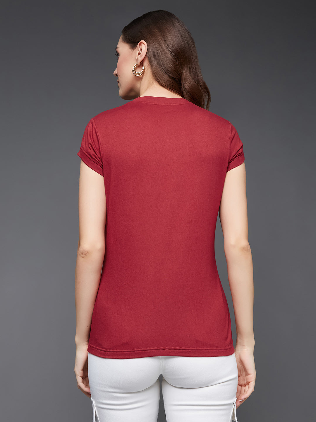 Women's Maroon V-Neck Short Sleeves Cotton Solid Top