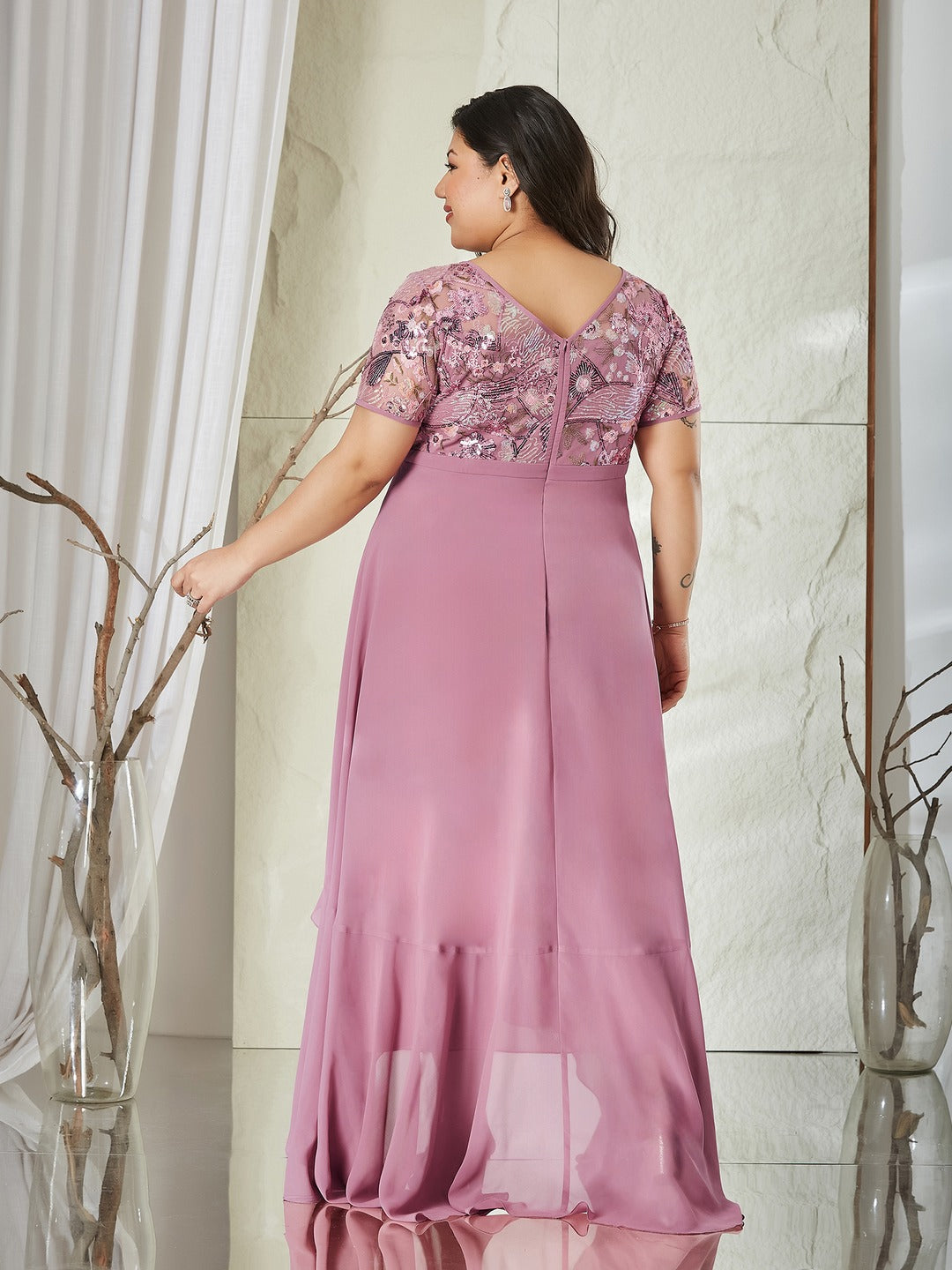 Dusty Pink Square Neck Half Sleeve Solid Embellished Maxi Dress for Women