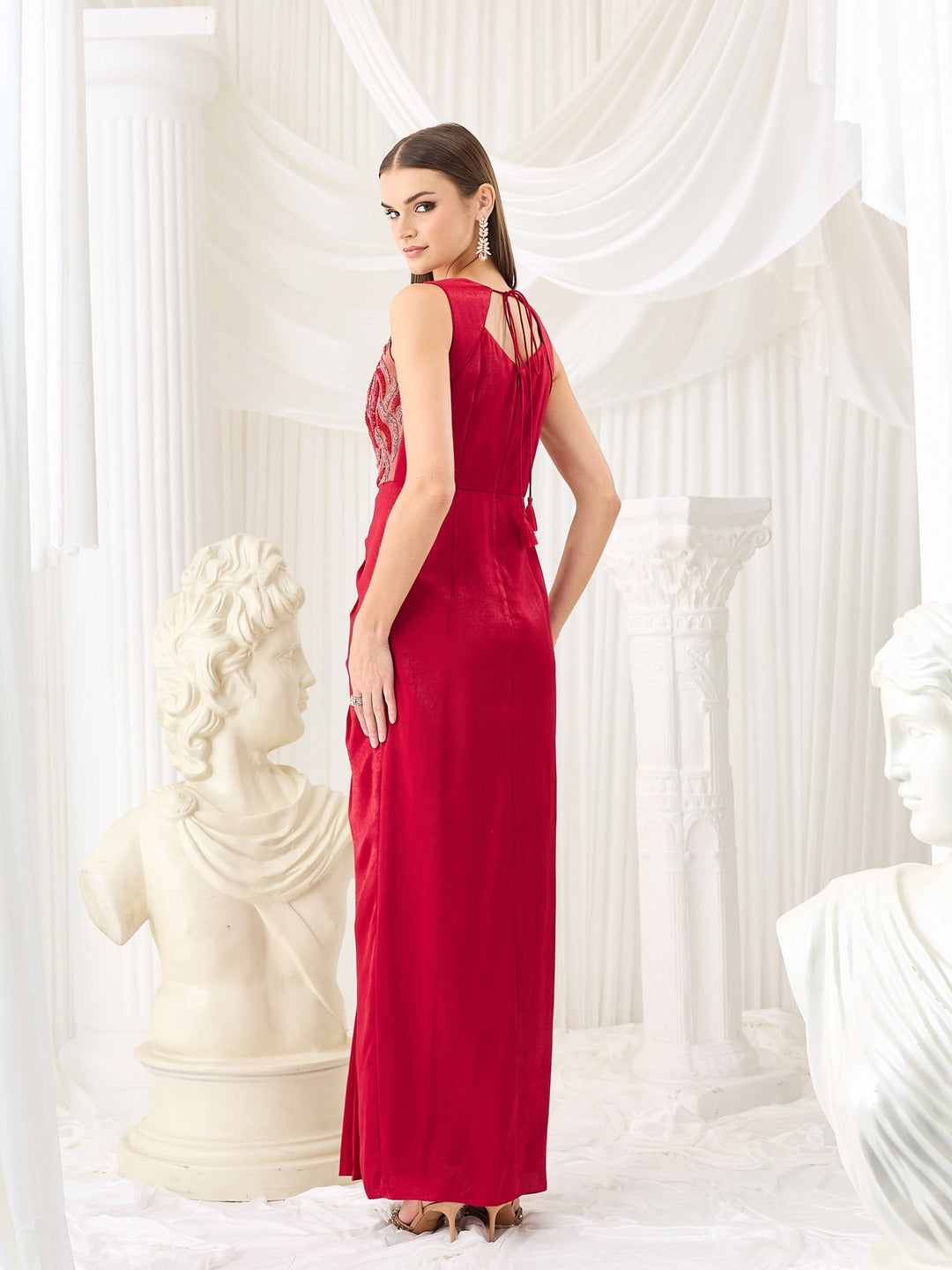 Embroidered Satin Gown in Red with Sweetheart Neckline for Women