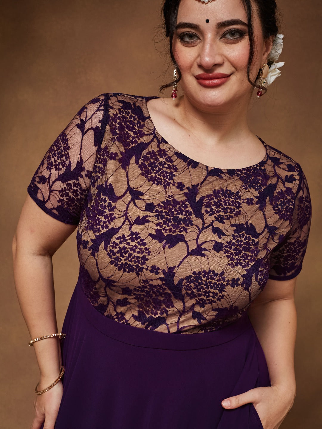 Dark Purple Round Neck Half Sleeve Self Design Fit & Flare Georgette Maxi Dress for Women