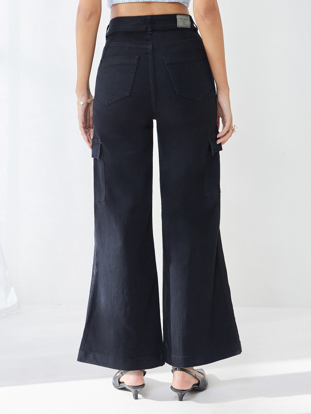 Black Wide leg High rise Regular Stretchable Denim Jeans for Women