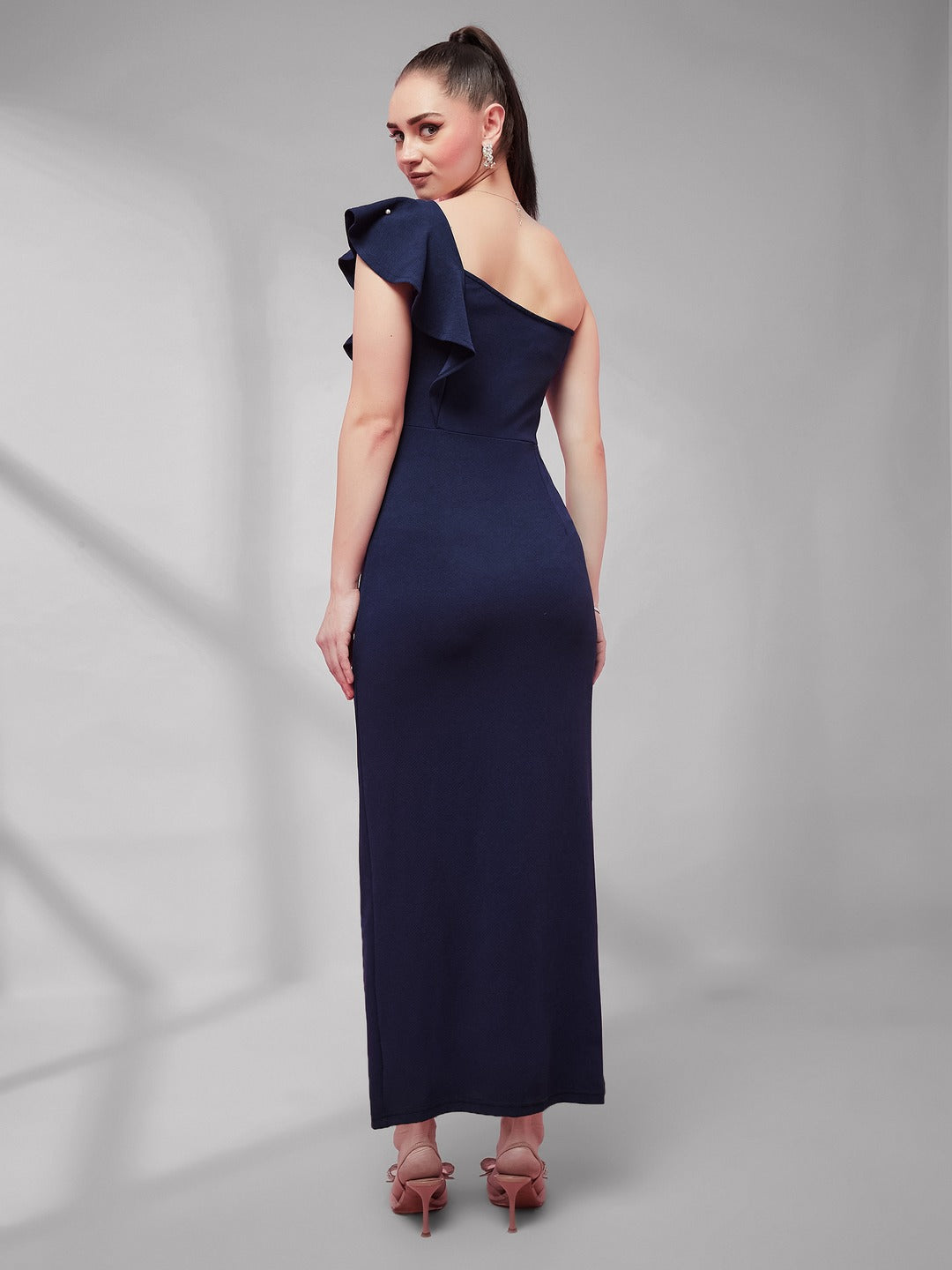 Navy Blue One-Shoulder Sleeveless Cotton Solid Ruffled Pearl And Slit Detailing Maxi Bodycon Dress for Women