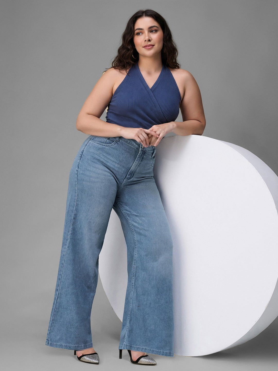 Light Blue Wide-Leg High Rise Stretchable Denim Jeans for Women