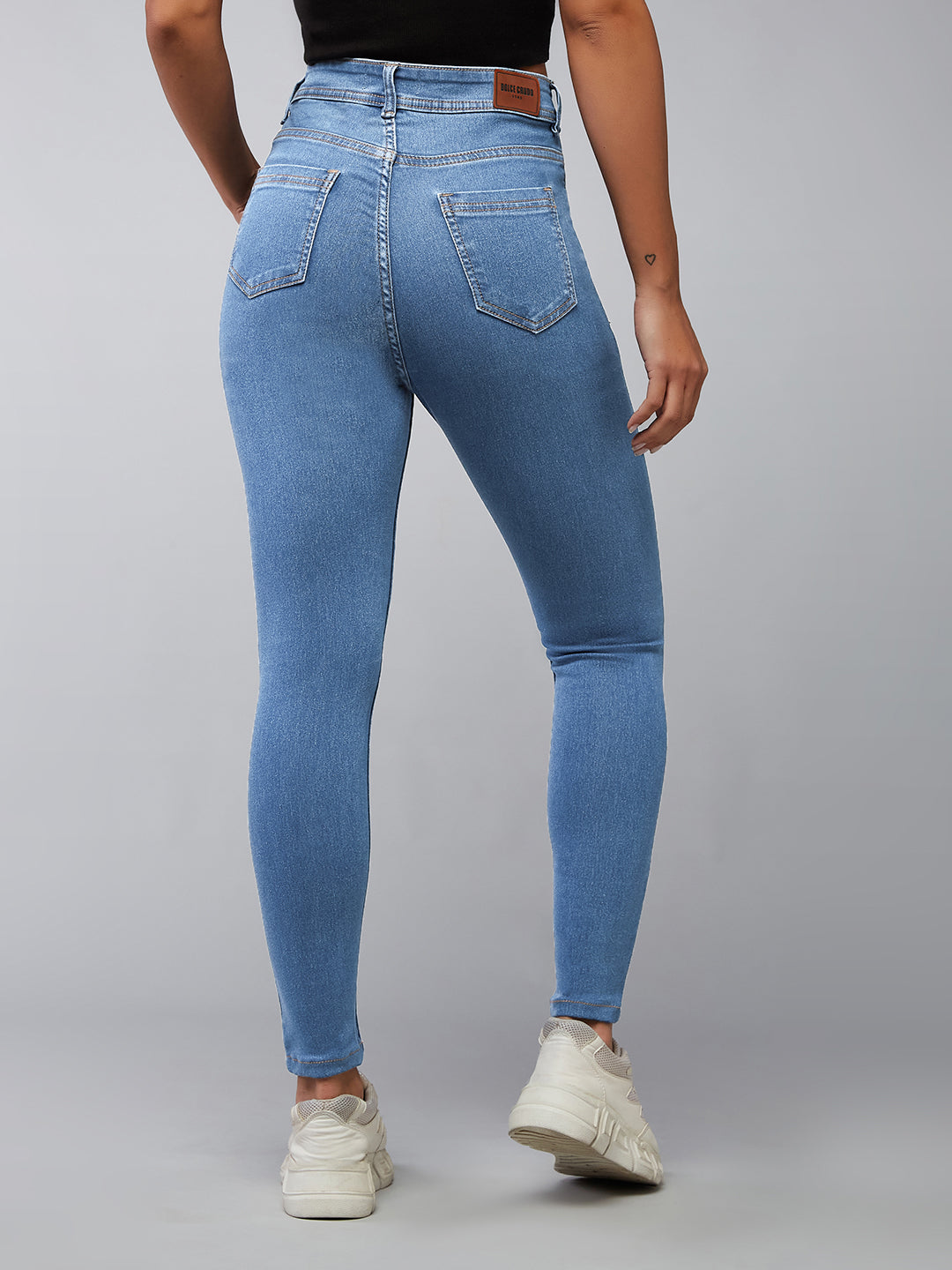 Women's Blue Skinny High-Rise Distressed Cropped Denim Jeans