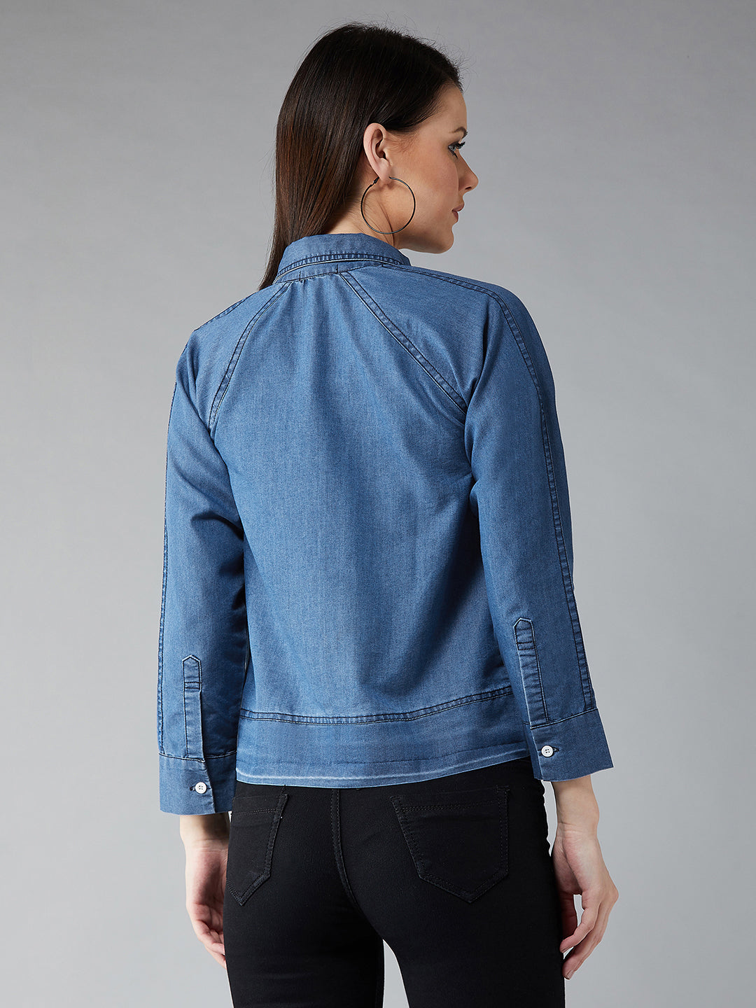 Women's Blue Collared Polo Neck Full Sleeve Solid Buttoned Denim Bomber Jacket