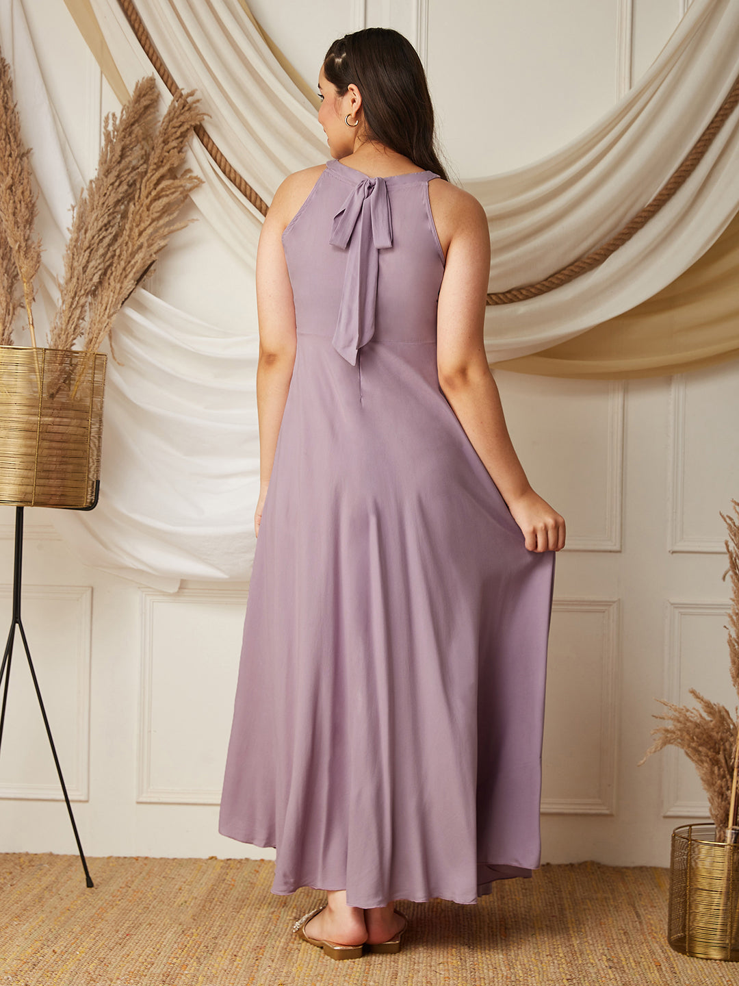 Lavender Halter-Neck Sleeveless Embellished Fit & Flare Viscose-Rayon Maxi Dress