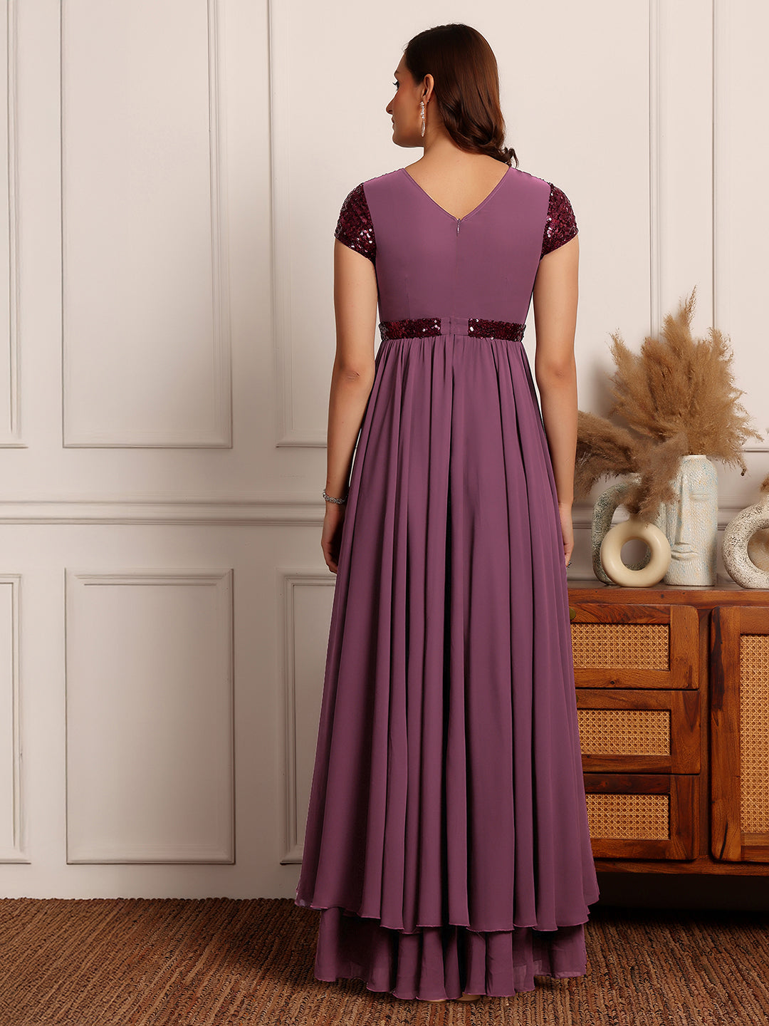 Women's Mauve Keyhole Short Sleeve Embellished Layered Georgette Maxi Dress