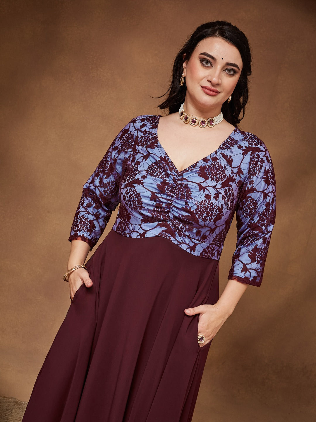 Wine Sweet heart neck 3/4 Sleeve Self Design Fit & Flare Maxi Dress for Women