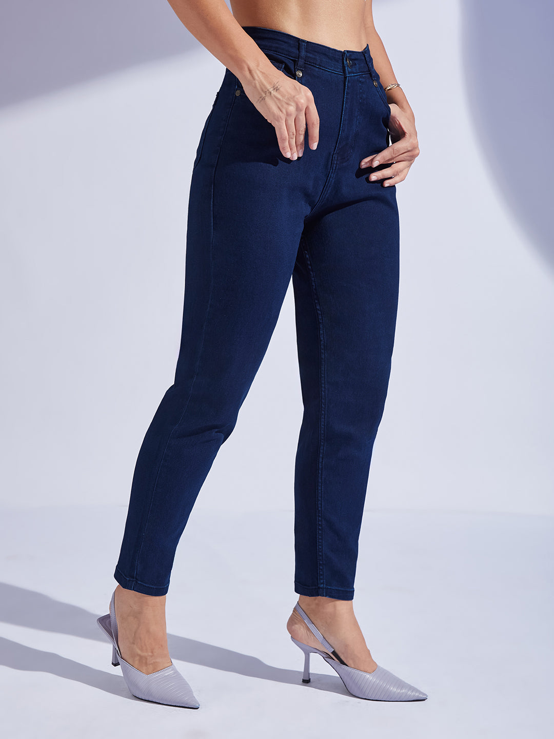 Women's Navy Blue High-Rise Regular-Length Stretchable Denim Mom'S Jeans