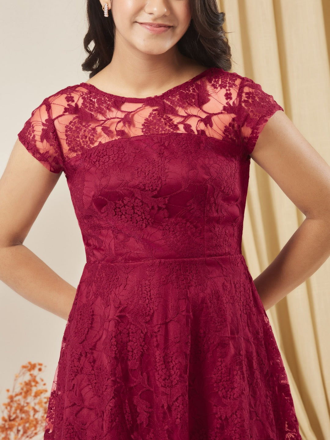 Dark Pink Round Neck Cap Sleeves Low Back Lace Skater Dress for Girls/Teenagers