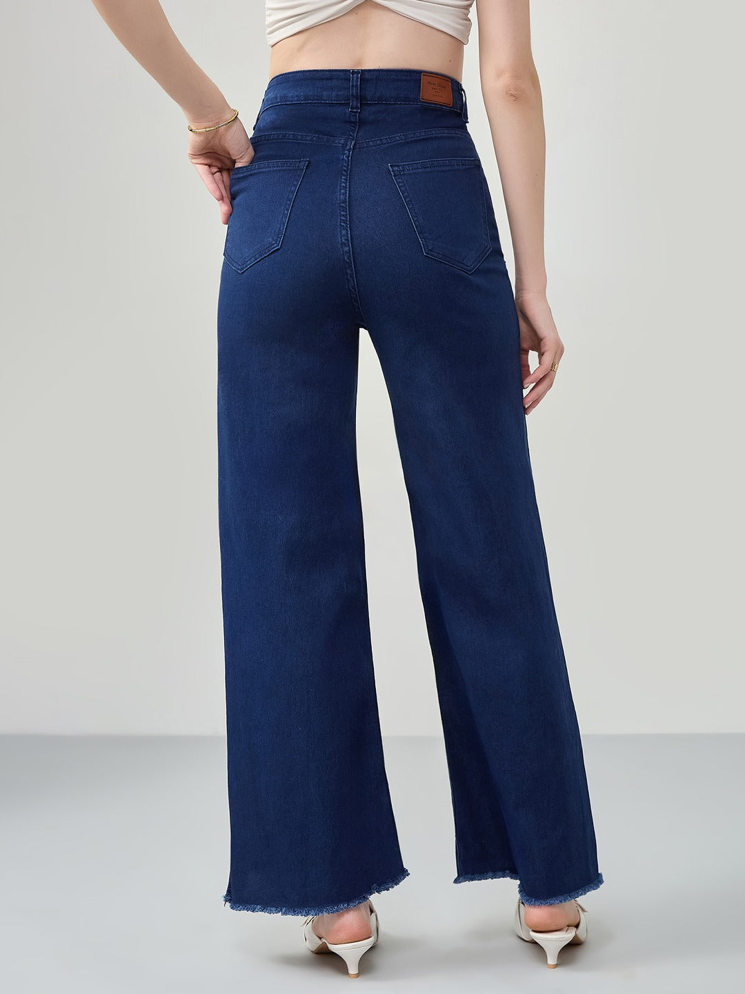Navy Blue Wide-Leg High-Rise Stretchable Denim Jeans for Women