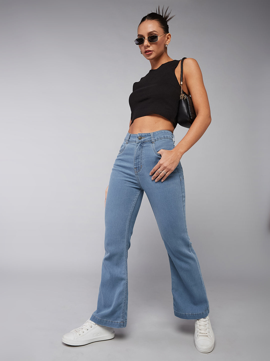 Women's Light Blue Bootcut High-Rise Clean-Look Regular Stretchable Denim Jeans