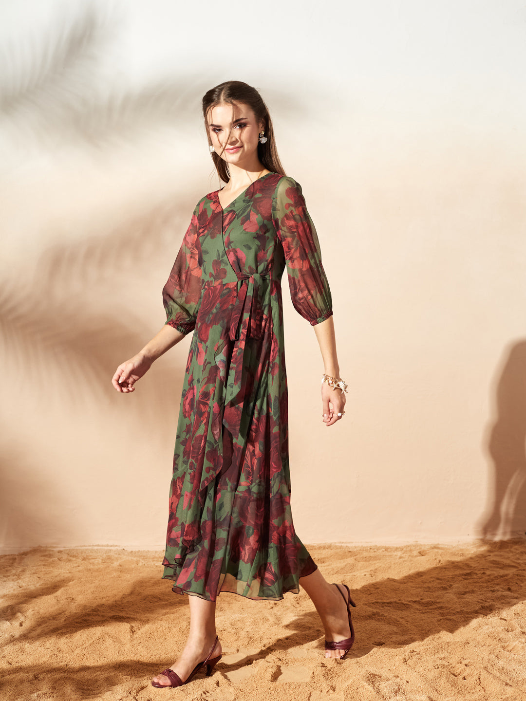 Women’s Olive & Wine Floral V-Neck 3/4 Sleeve Wrap Midi Chiffon Dress for Women — Miss Chase