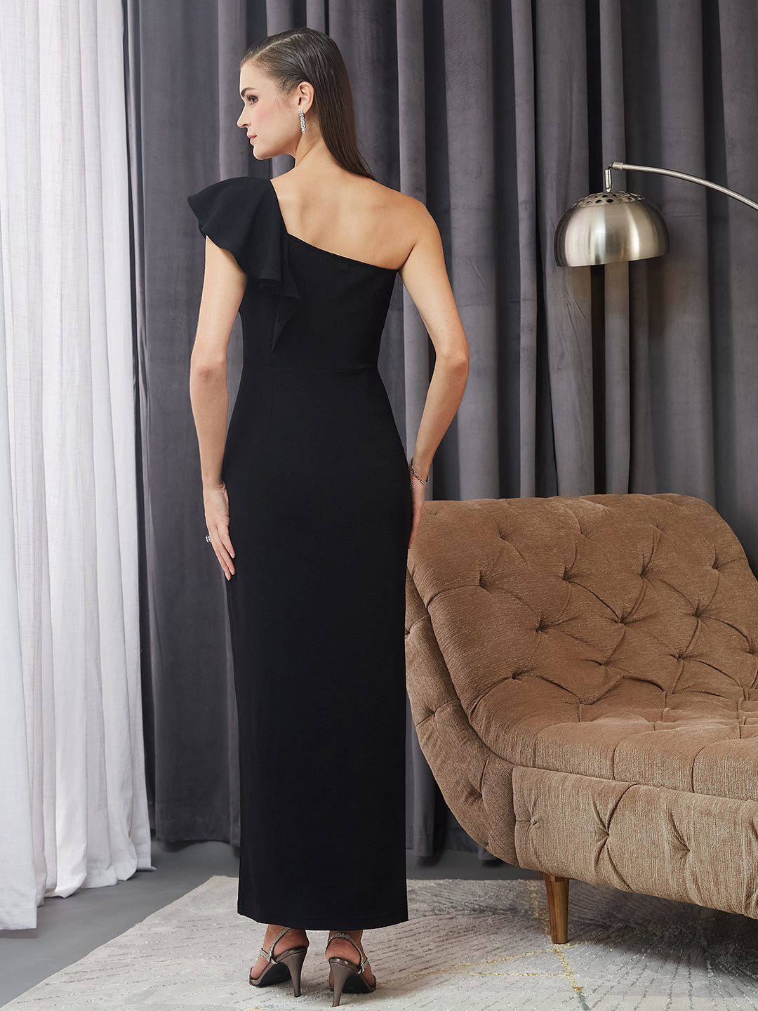 Women's Black Solid One Shoulder Sleeveless Ruffled Maxi Dress