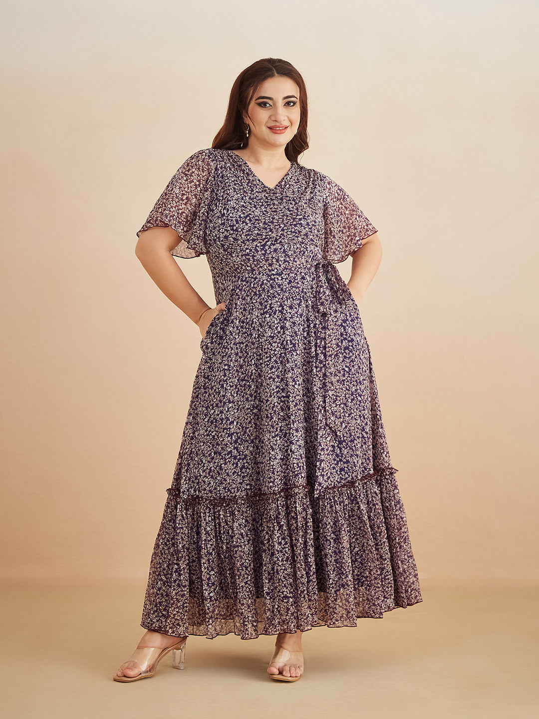 Purple V Neck Flared Sleeve Floral Wrap Chiffon Maxi Dress for Women