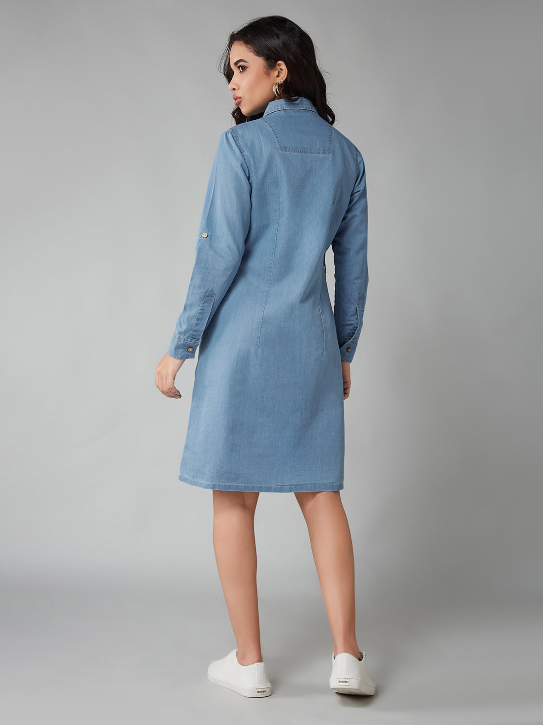 Women's Blue Relaxed Fit Clean Look Above Knee Denim Dress