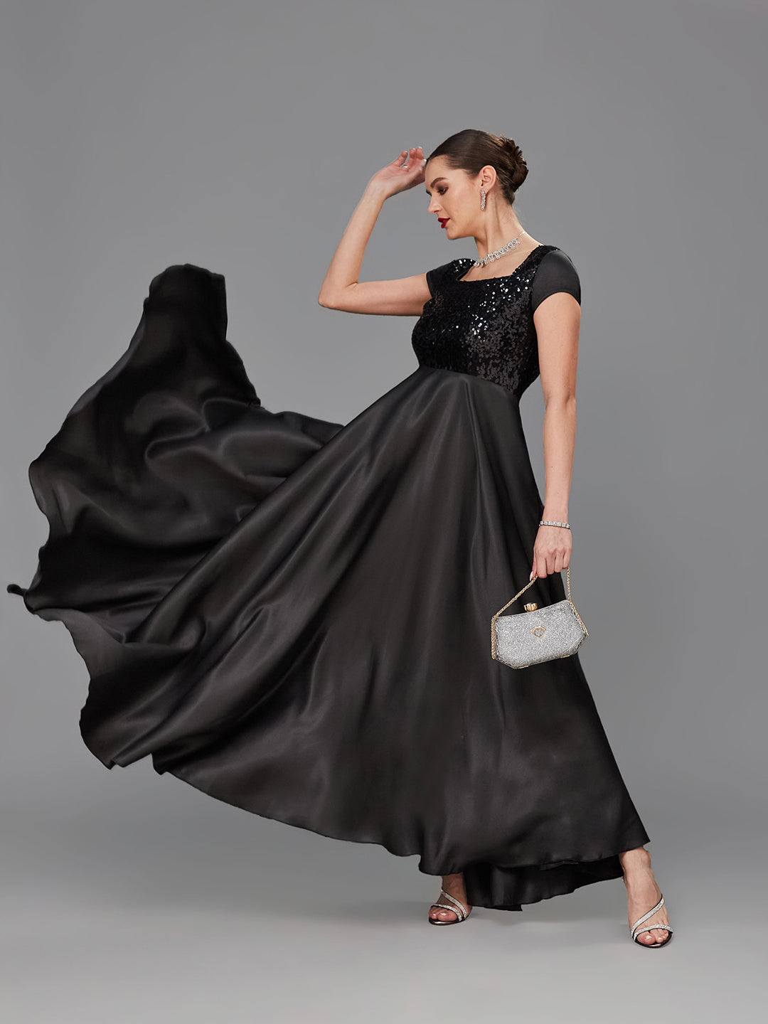 Women's Black Square Neck Short Sleeve Embellished Polyester Fit & Flare Maxi Dress