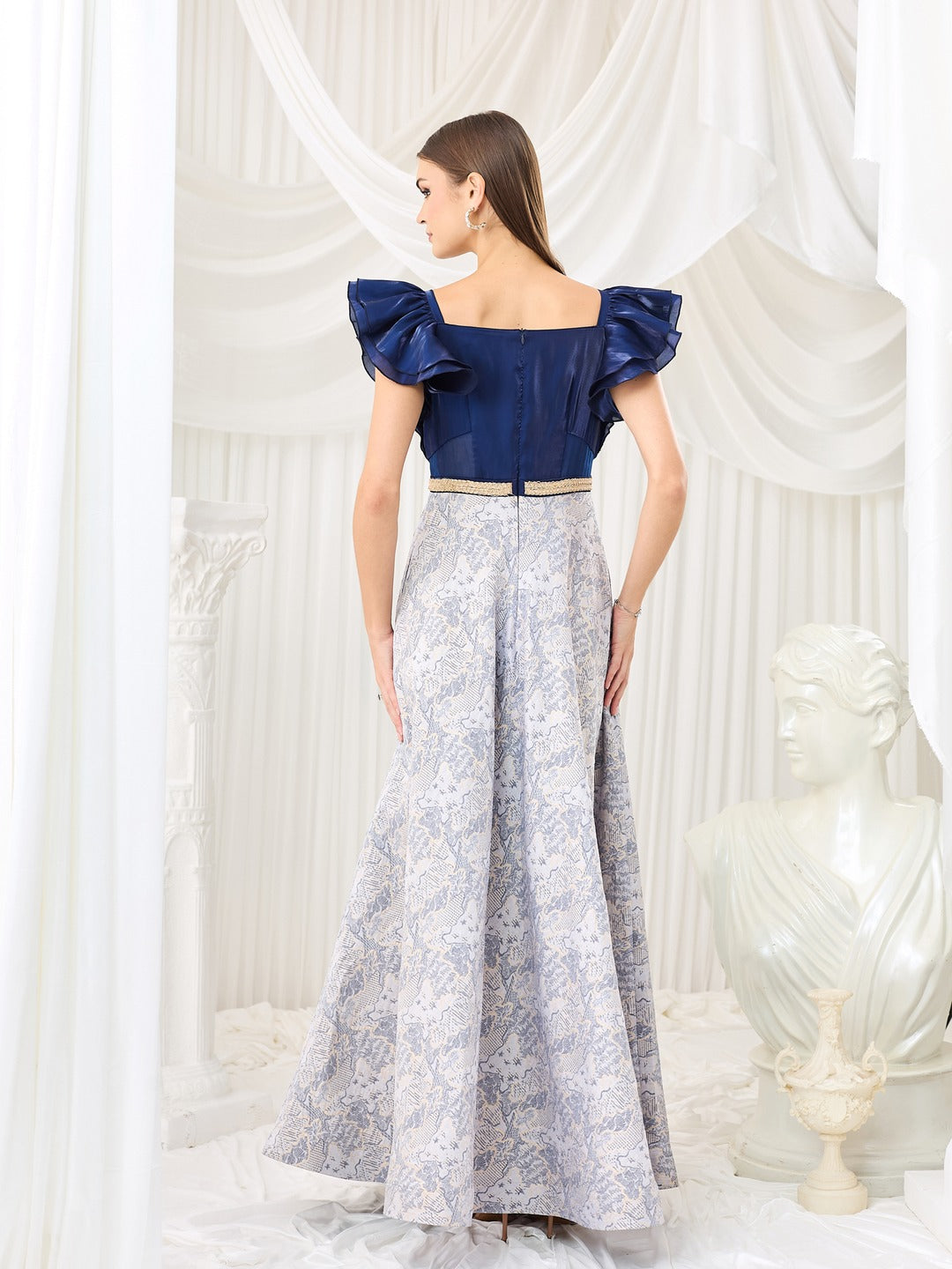 Navy Blue White Square Neck Ruffled Floral Maxi Dress for Women