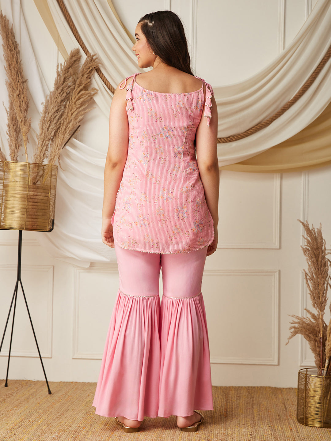 Multicolored-Base-Bubblegum Pink Round Sleeveless Embellished Kurta Set
