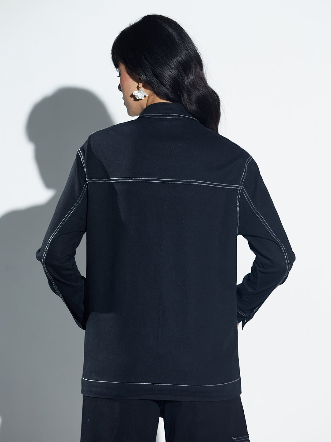 Black Shirt Collar Full Sleeve Panelled Contrast Stitch Oversized Denim Jacket for Women