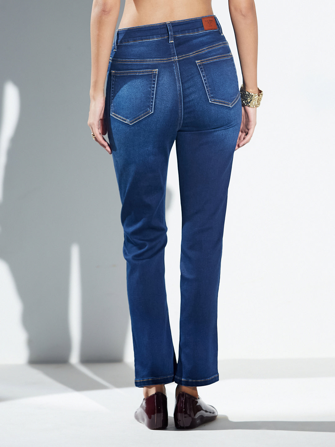 CHASEshape™ Mid-Rise Navy-Blue Semi-Straight-Fit Stretchable Jeans with Whiskering & Dark Wash Finish for Women