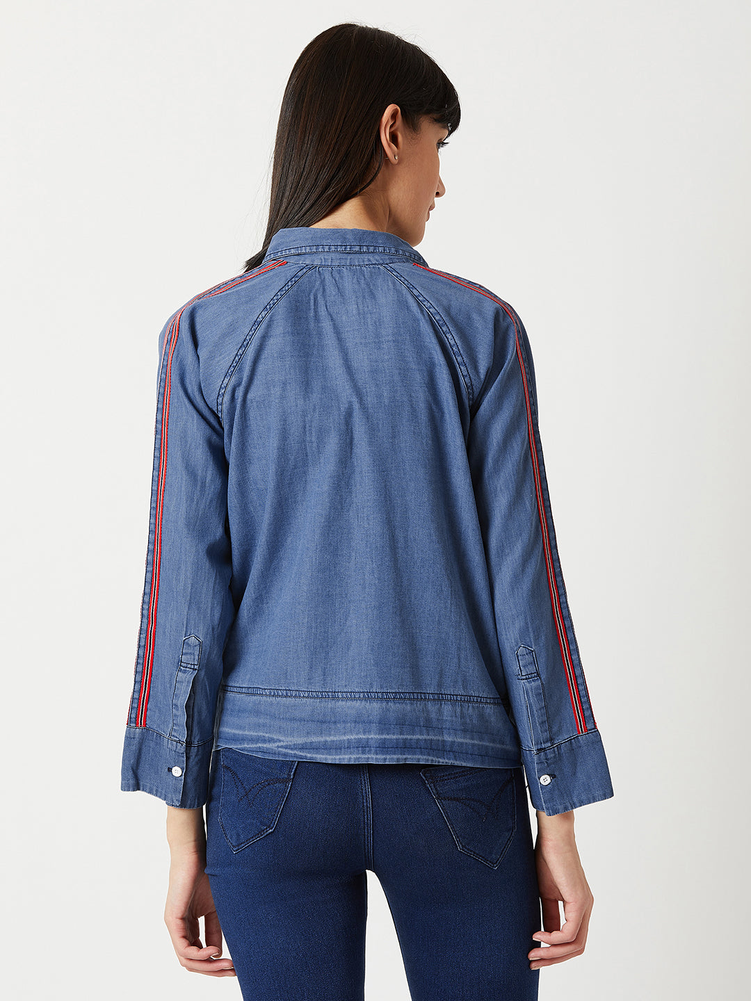 Women's Blue Polo Neck Full Sleeve Twill Tape Detailing Solid Buttoned Bomber Denim Jacket