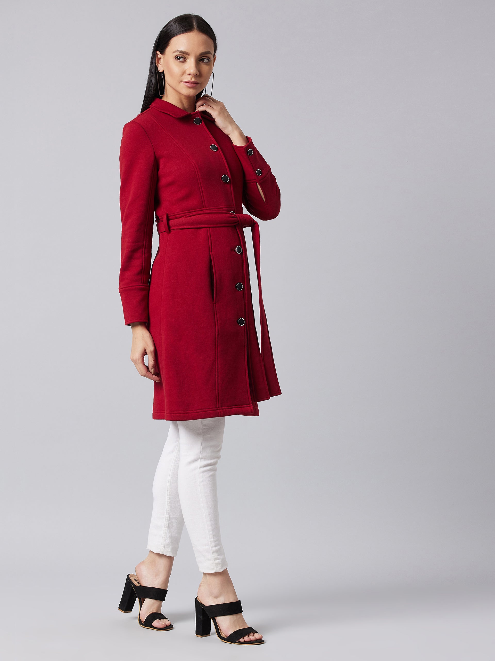 Women's Maroon Collared Full Sleeve Solid Tie-up Longline Jacket