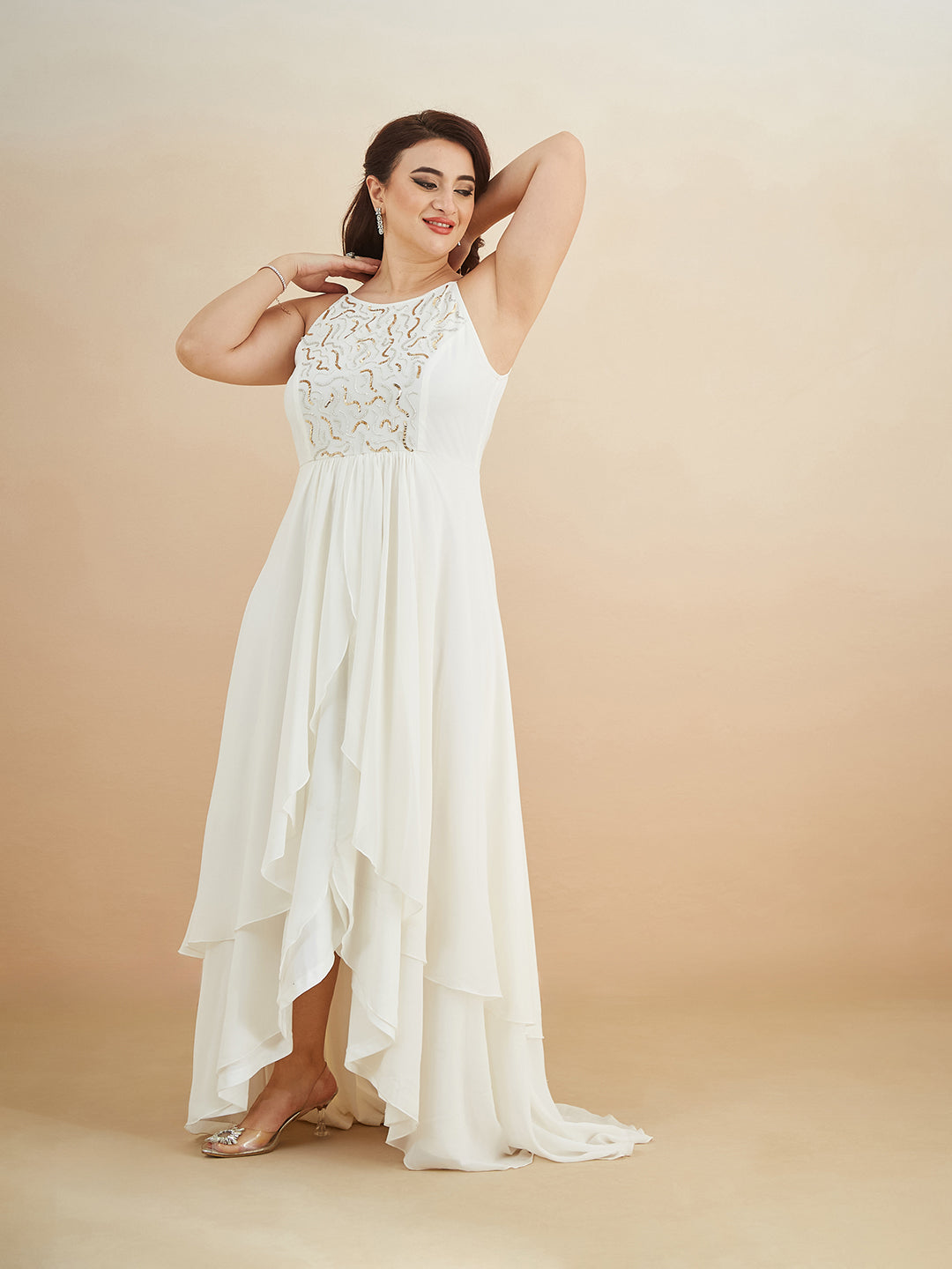 Off White Round Neck Sleeveless Solid Embellished Maxi Dress for Women — Miss Chase A+
