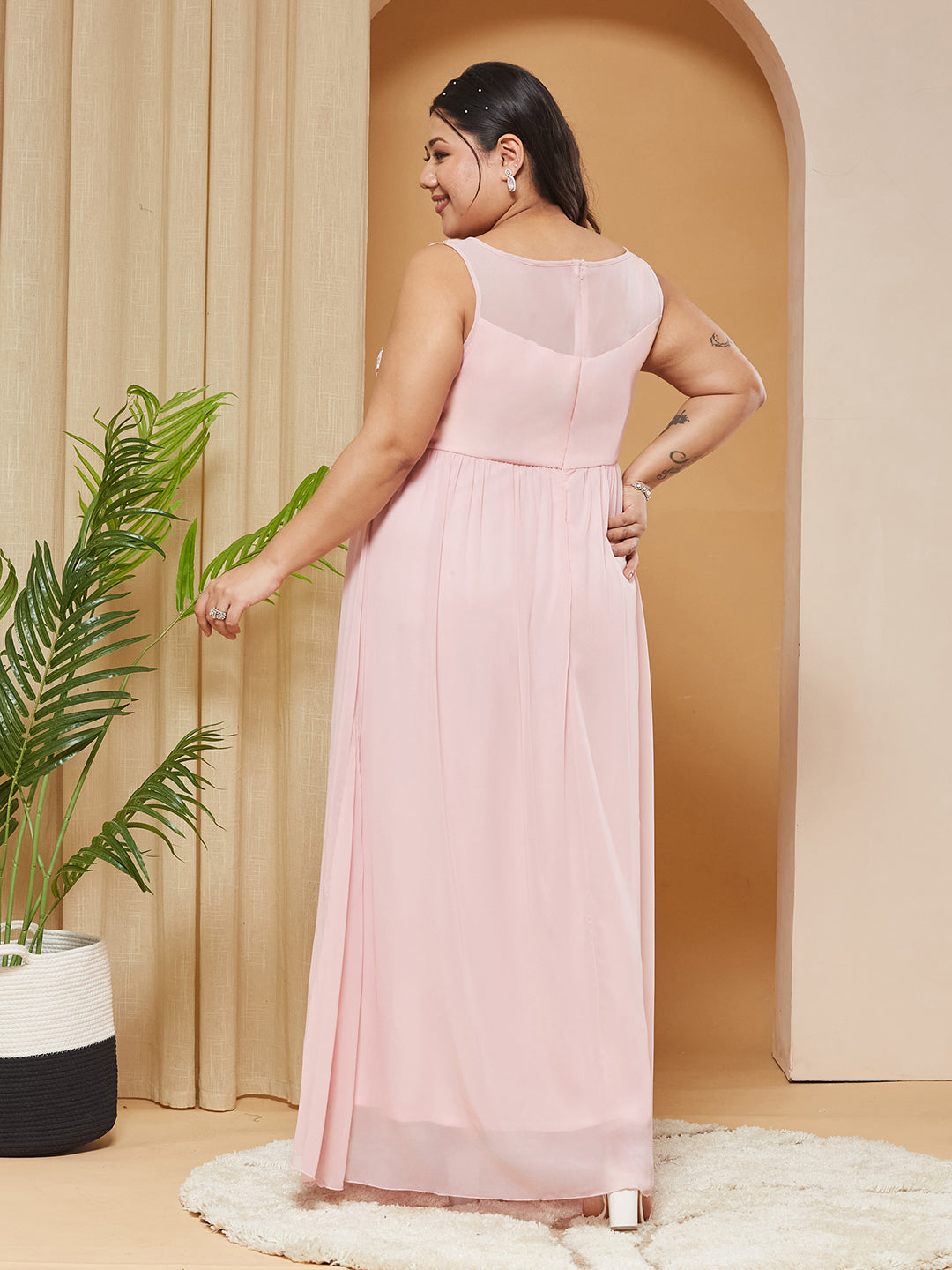 Dusty Pink Boat-Neck-Sleevesless Embellished Gathered Regular Dress for Women