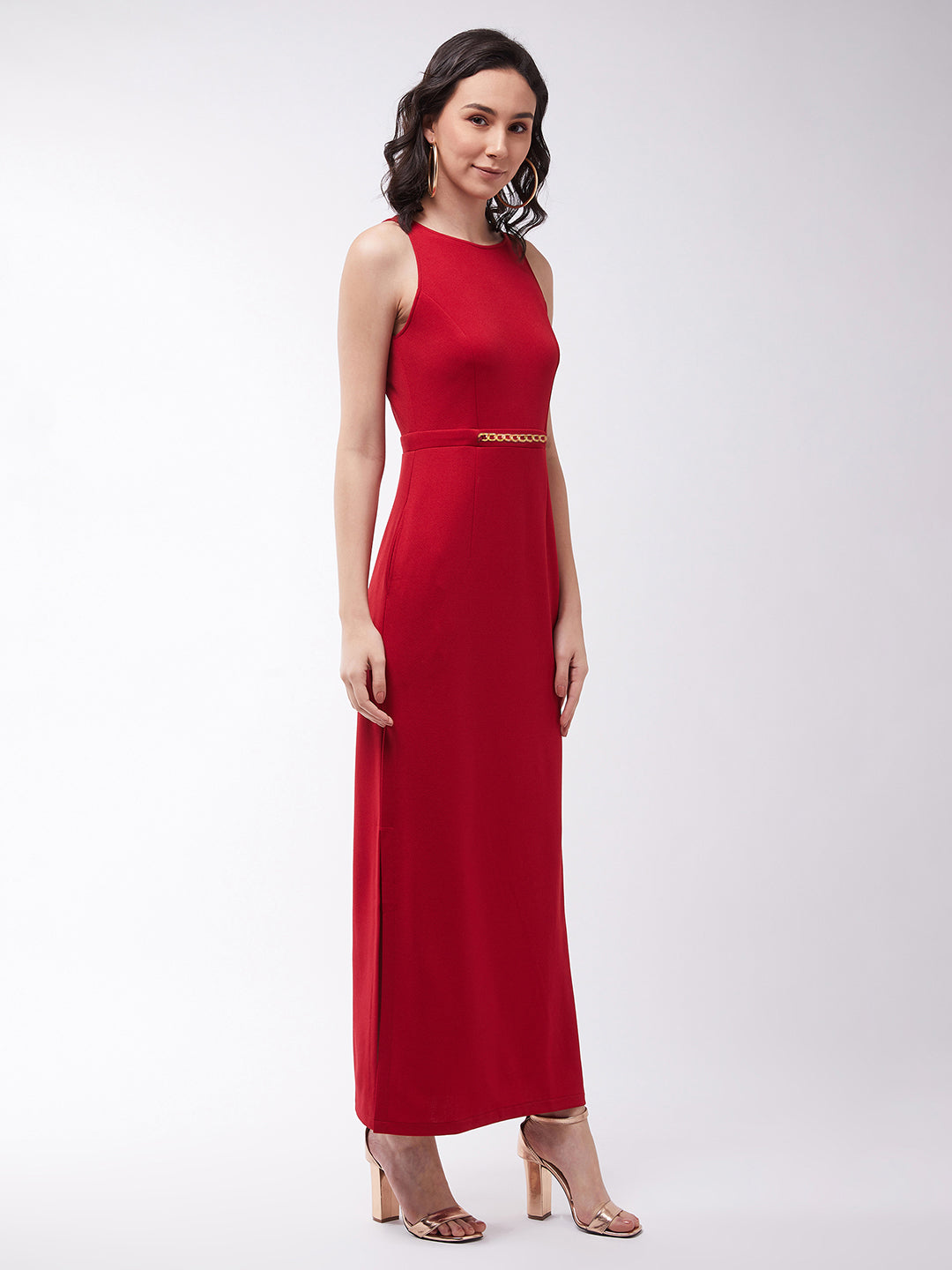 Crease Ease Cocktail Women's Cherry Red Solid Slim Fit Round Neck Sleeveless Maxi Dress