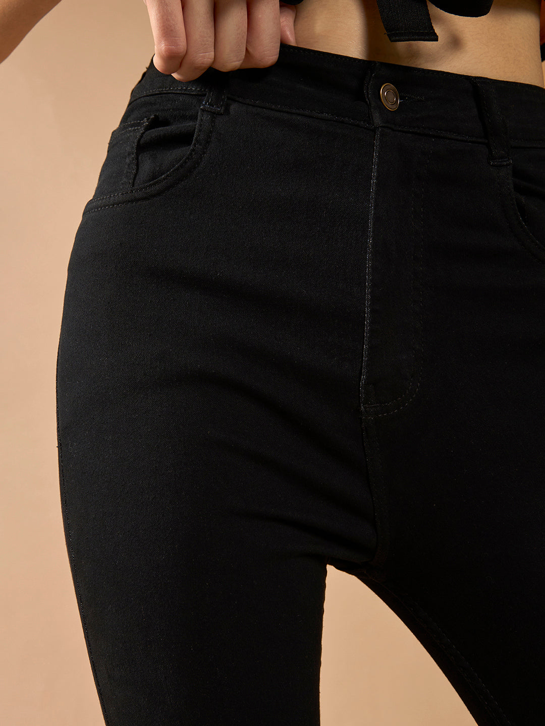 Women's Black Skinny Fringed Detailing High-Rise Clean-Look Solid Cropped Stretchable Denim Jeans