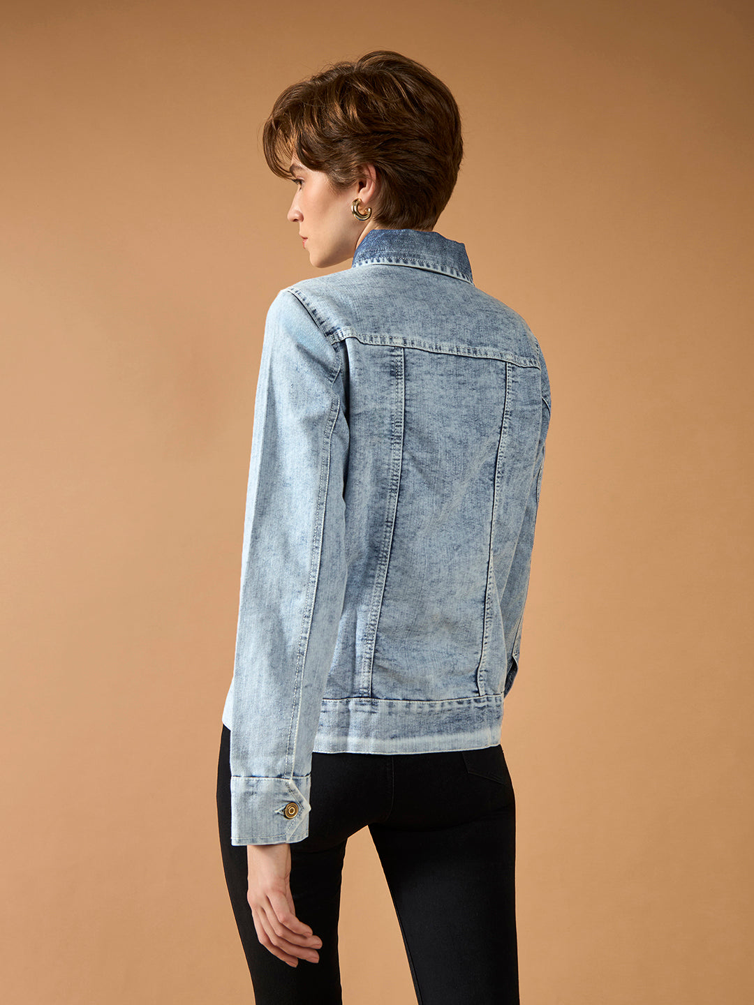 Women's Light Blue Polo Neck Solid Full Sleeve Bomber Regular Length Jacket