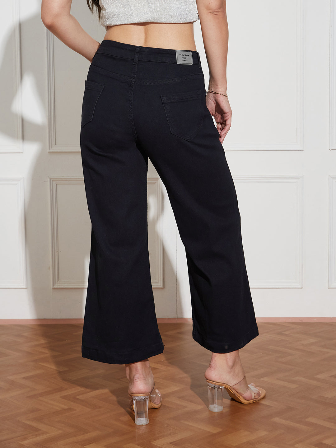 Black Wide-Leg Mid Rise Clean Look Cropped Stretchable Denim Jeans for Women