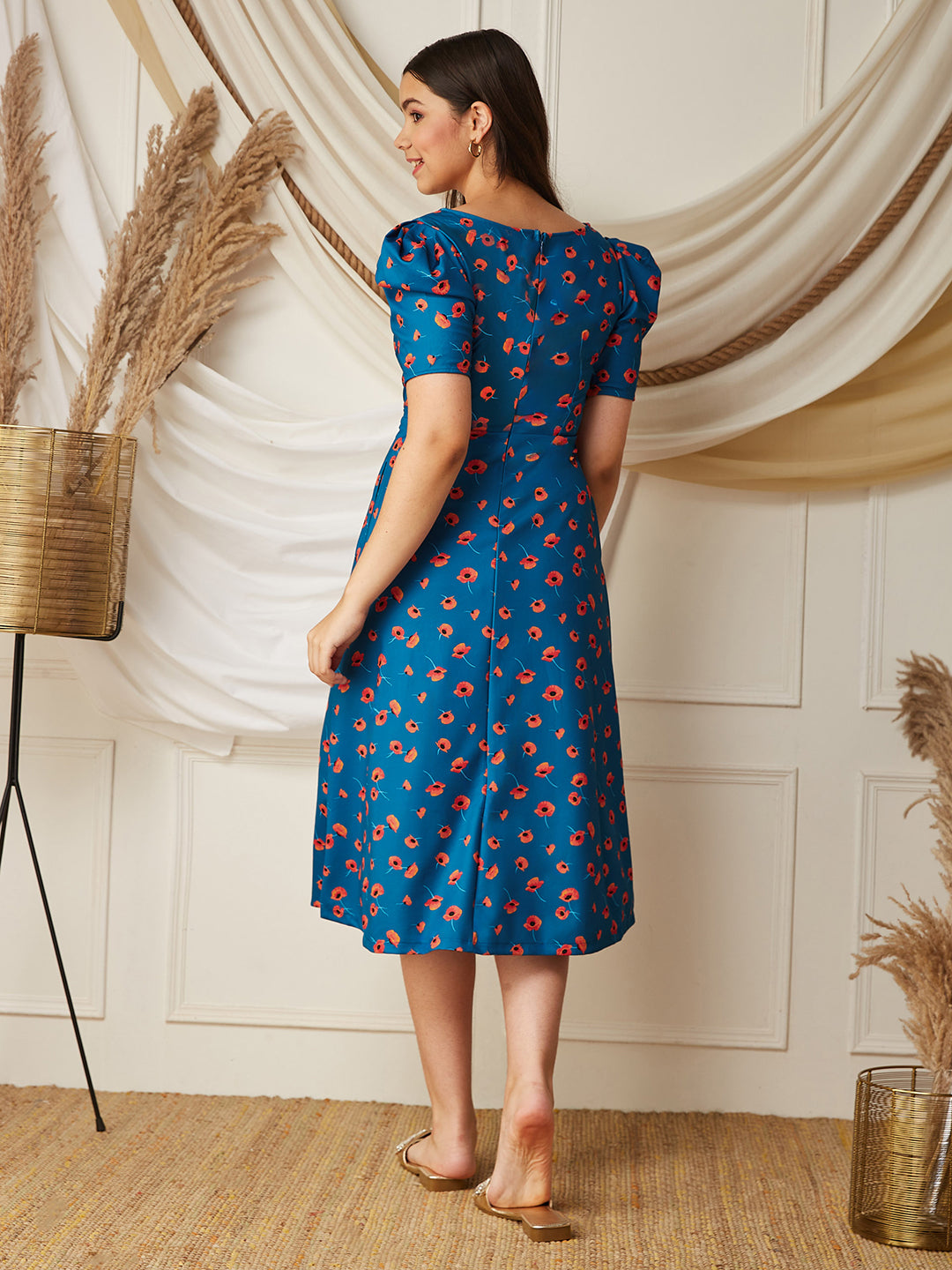 Multicolored-Base-Blue V-Neck Pleated Puff Sleeve Floral Patterned Wrap Midi Polyester Dress