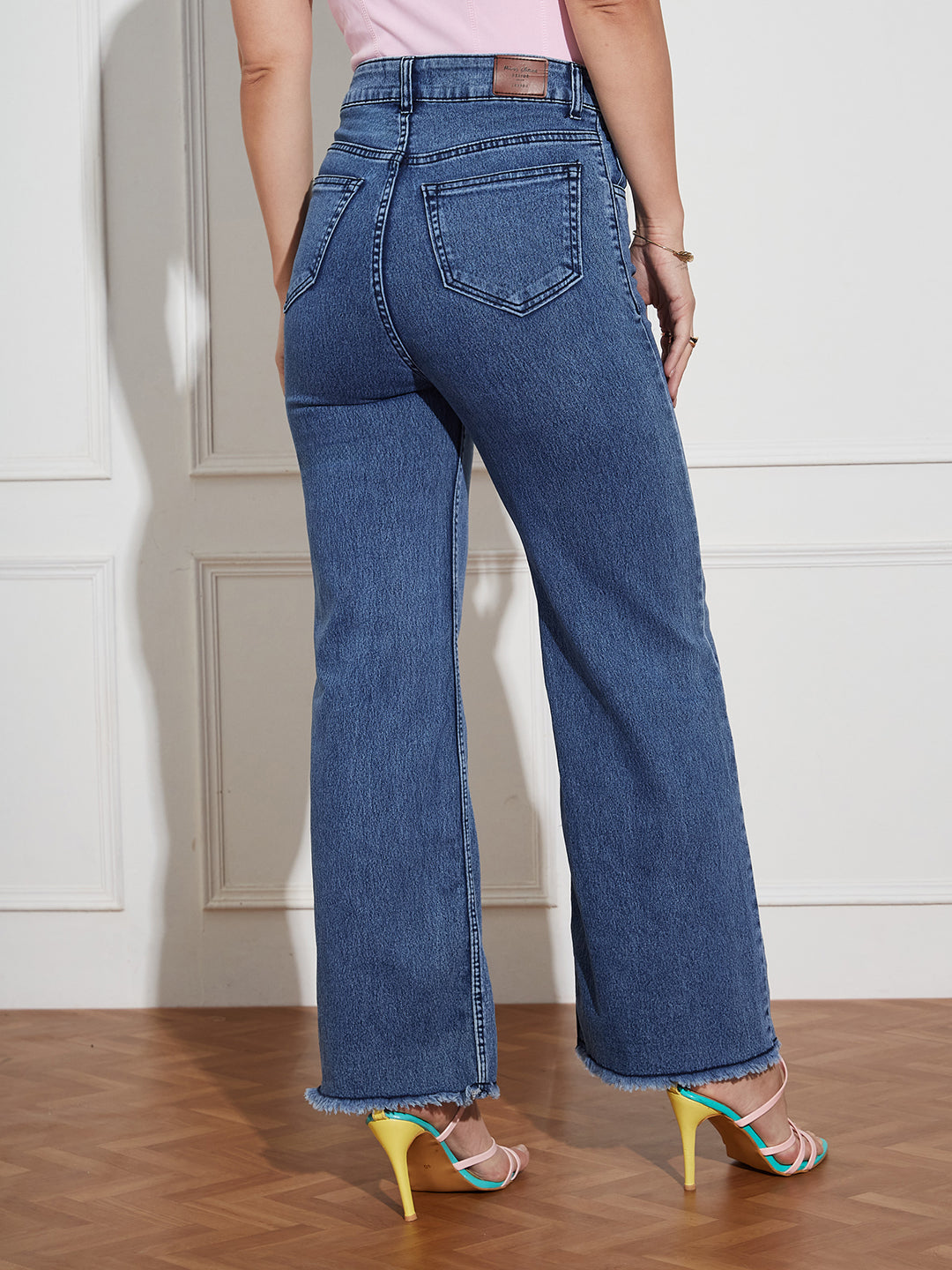Women's Navy-Blue Wide-Leg High Rise Regular-Length Stretchable Denim Jeans