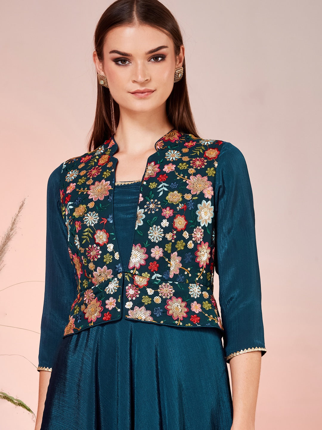 Teal Mandarin Collar Tapered Square Neck 3/4 Sleeve Embellished Jacket Style Maxi Chiffon Ethnic Dress for Women
