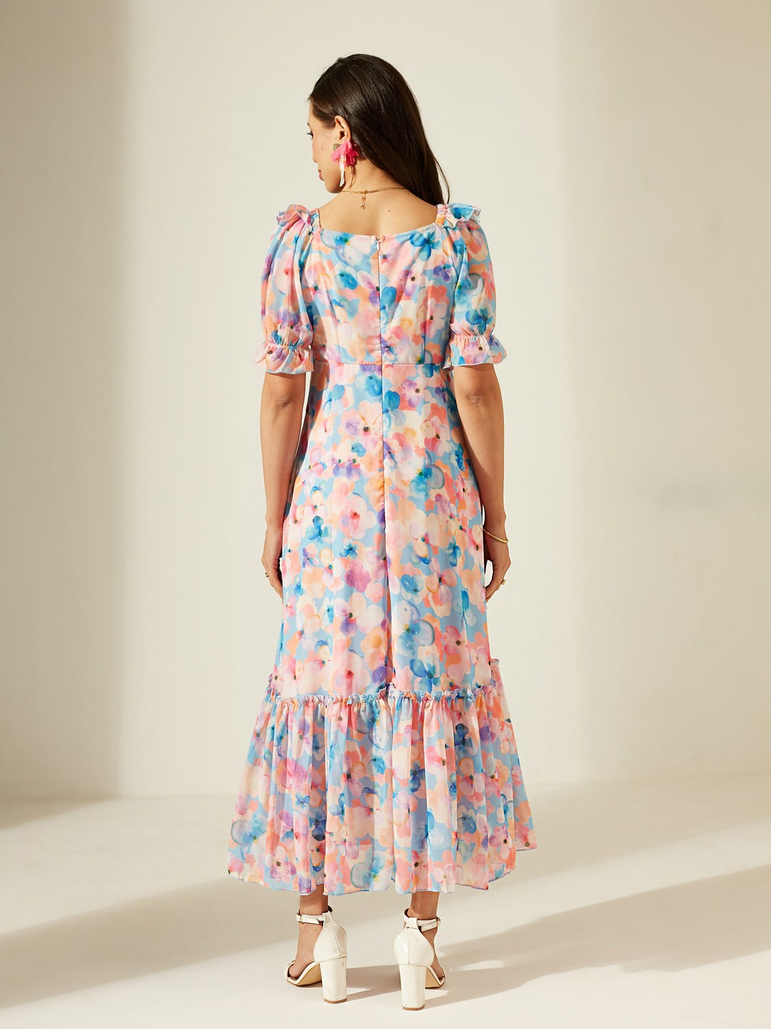 Sky Blue V-Neck Puff Sleeve Floral Ruching Ankle-Length Dress for Women