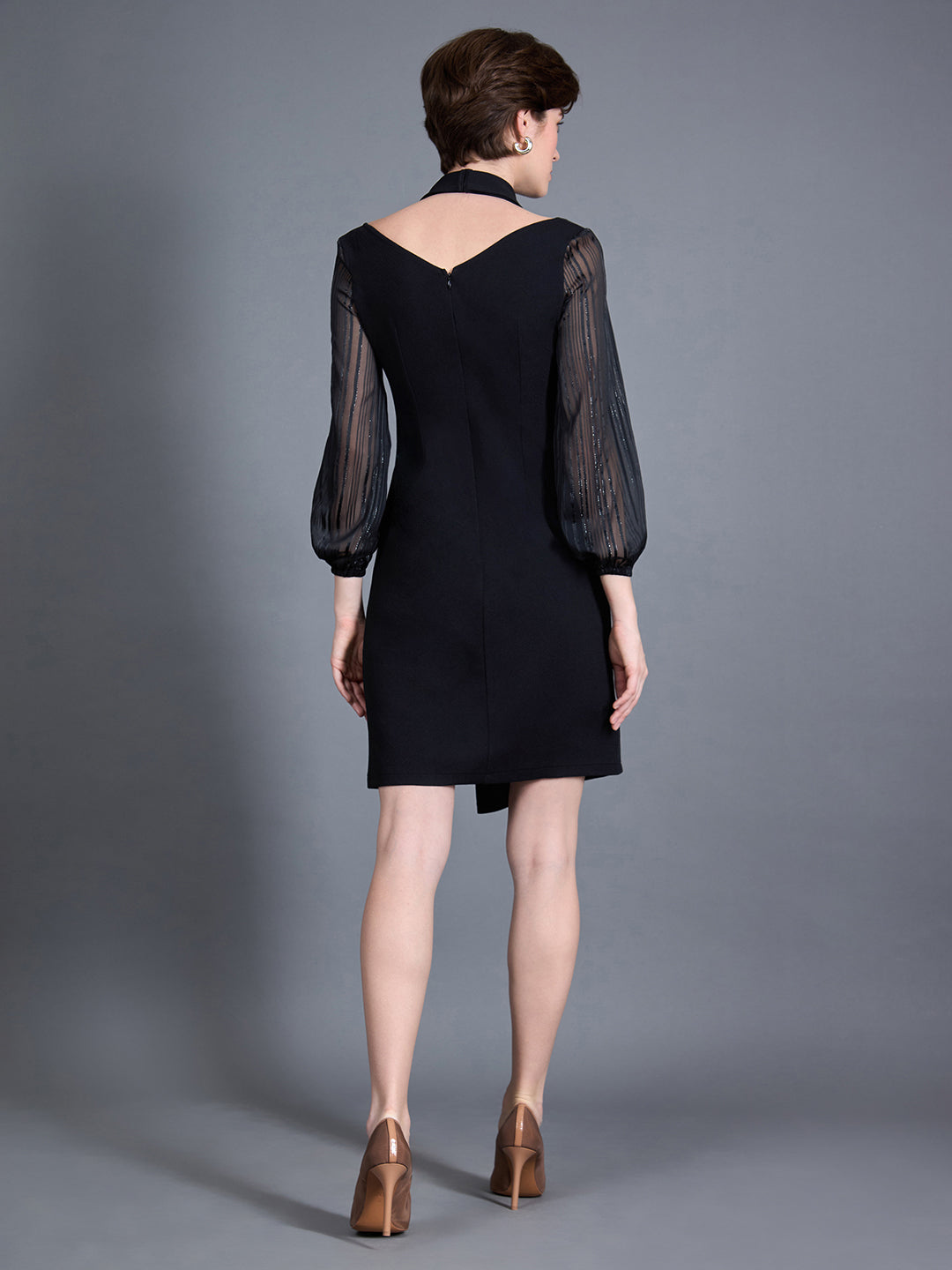 Women's Black Shawl Collar Bishop Sleeves Solid Double Breasted Knee Length Dress