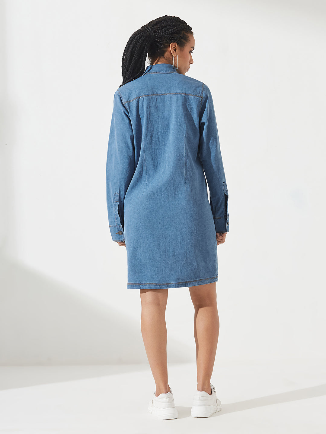 Blue Polo Neck Full Sleeves Denim Knee-Long Shrug for Women