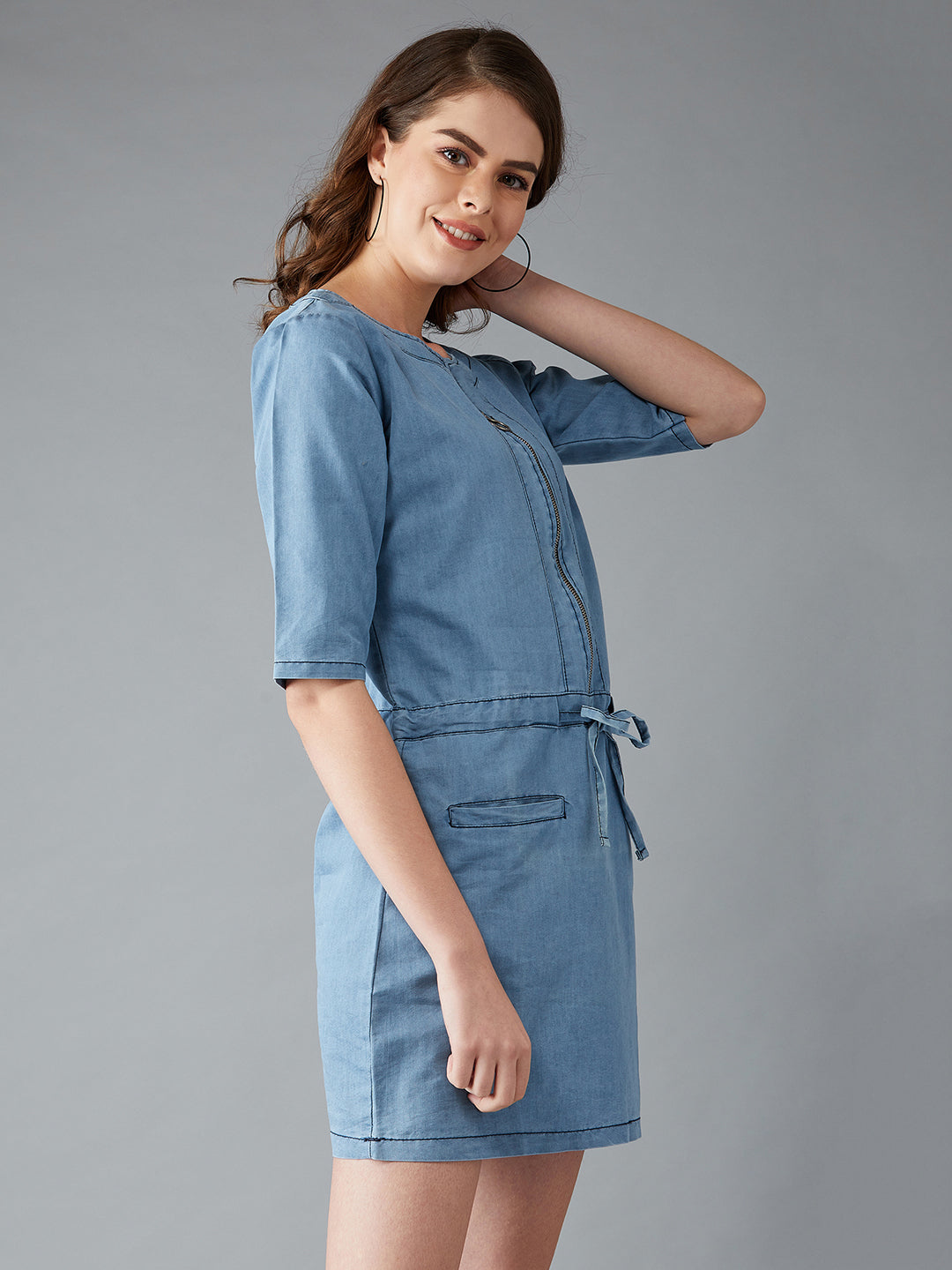 Women's Light Blue Polo Neck 3/4 Sleeve Denim Solid Midi Shift Dress