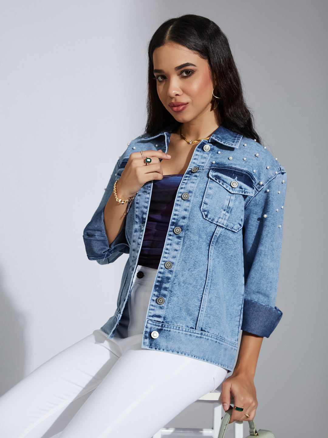 Women's Light Blue Full Sleeve Solid Embellished Pearl Denim Jacket