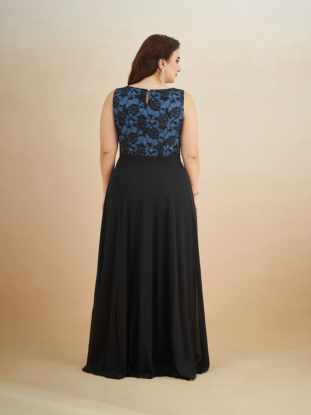 Blue & Black Round Neck Sleeveless Georgette Floral Lace Fit & Flare Maxi Dress for Women — Miss Chase A+