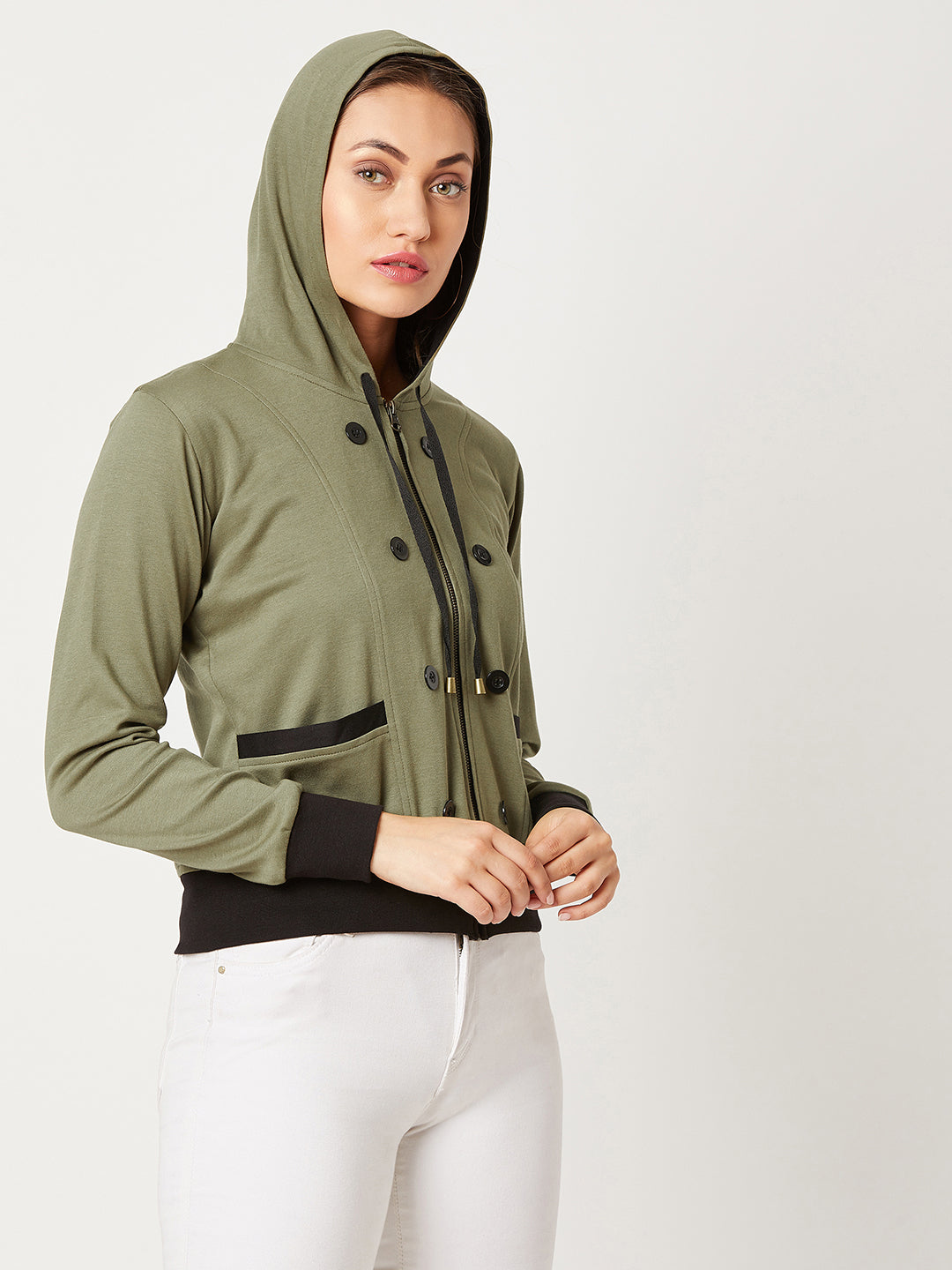 Women's Olive Green Hooded Full Sleeves Solid Drawstring and Eyelet Detailing Regular Length Jacket