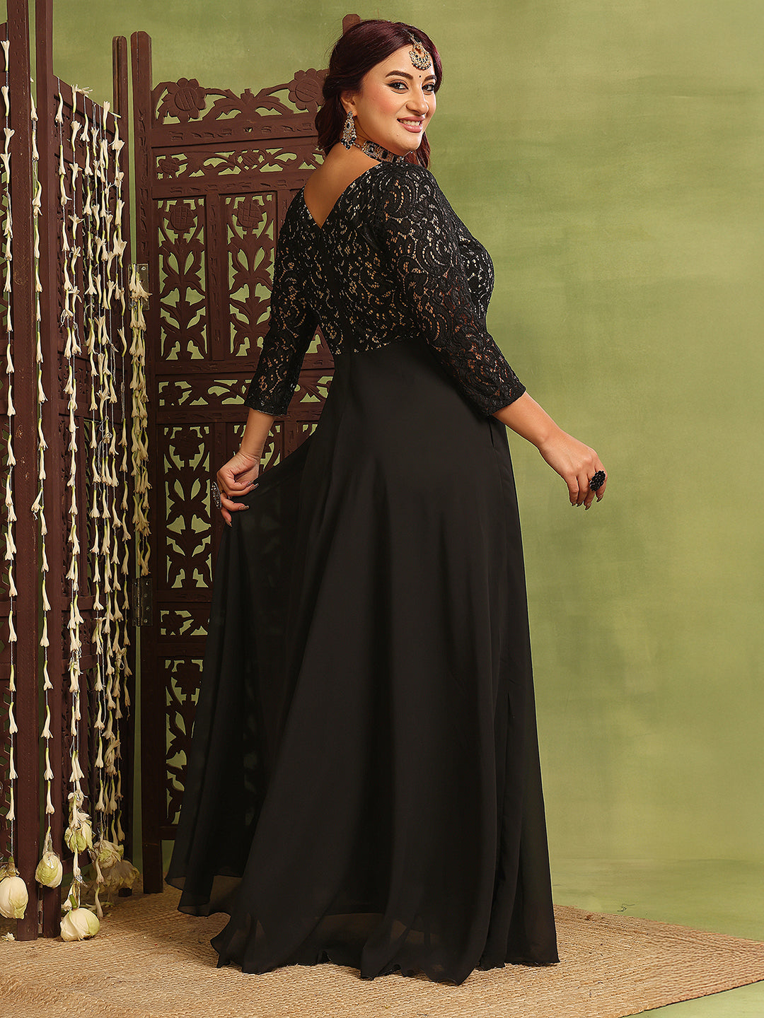 Women's Black Self-Design Boat Neck Three-Quarters Sleeves Side-Pocketed  Georgette Fit and Flare Maxi Length Dress