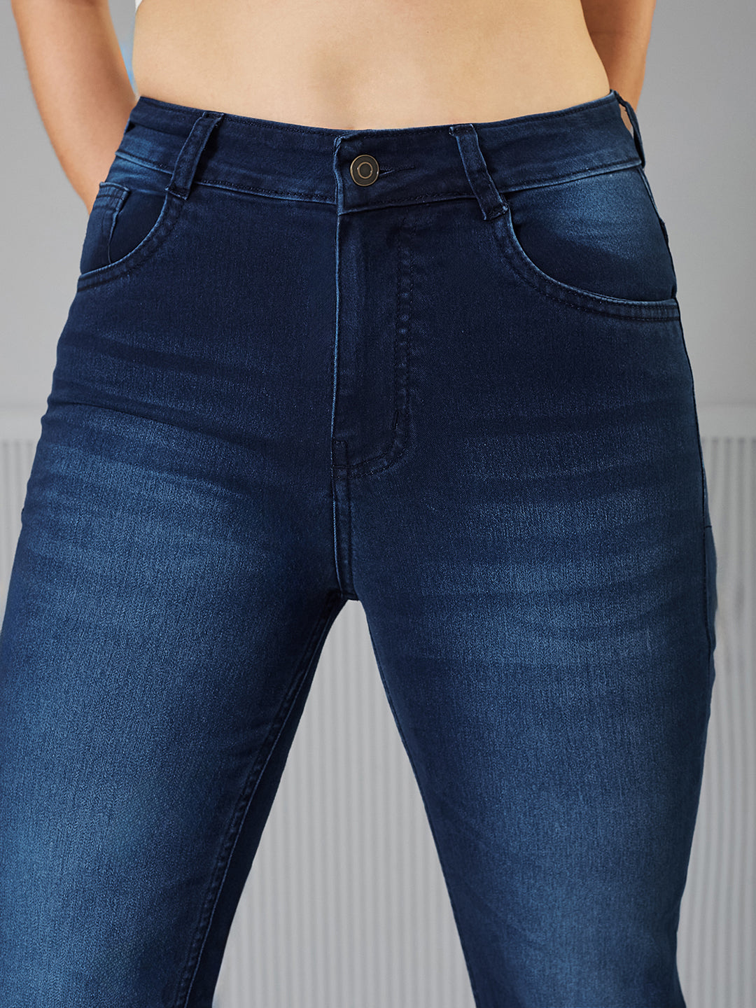 Women's Navy blue Wide leg Mid-Rise clean-look Regular Stretchable Denim Jeans